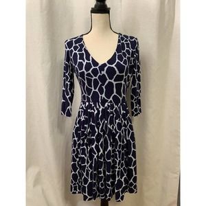 Jones New York Navy White Animal Print 3/4 Sleeve Knee Length Dress Pockets 6P